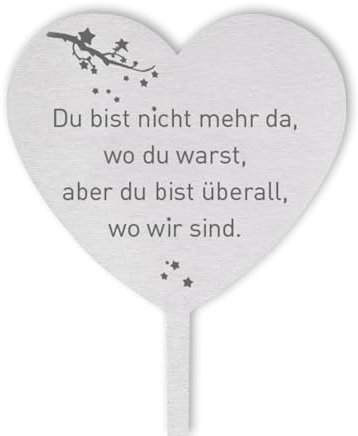 DOLORINO Grabstecker Edelstahl Herz mit Spruch | Du bist nicht mehr da | Grabschmuck | in Liebe für einen geliebte Menschen | eine wetterfeste Erinnerung aus Edelstahl | 28cm