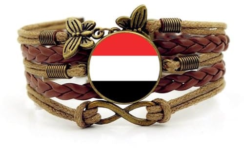 ALTCIRNMD Yemen Flag Bracelet - Multi-Layered Braided Flag Leather Woven Bracelet,Adjustable Handmade Glass Dome Country Souvenir Travel Gift For Men Women,Brown,17+5Cm