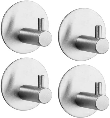 DtosbvOQ 4 Stück Klebehaken Handtuchhaken Ohne Bohren, Haken Selbstklebend, Klebehaken Badezimmer, Runde Haken Wasserdicht Edelstahl Wandhaken Multifunktional für Bad Toilette Küche (Silber)