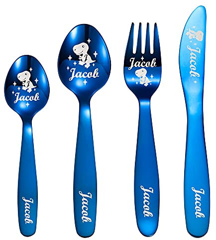 Getname Necklace Kids Cutlery Set Dinosaur Unicorn Personalised Cutlery Custom Engraved Cutlery Spoon Knife Fork Set Gift for Kids Stainless Steel Childrens Cutlery, PT12-2-3-GNN