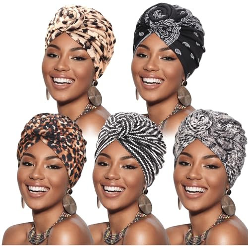 DRESHOW 5 Stücke Afrikanischen Turban für Damen Soft Vorgebunden Knot Mode Plissee Turban Hut Mütze Kopfwickel Schlafmütze
