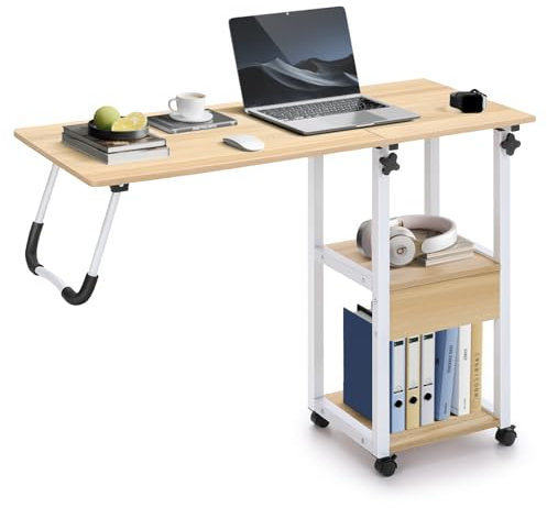 Warmiehomy Overbed Table mit abschließbaren Rädern & Liftable Top,Movable Foldable Bed Table Adjustable Height 70~88cm,Bedside Desk for Working Reading Eating Bedroom Sofa(Beige)