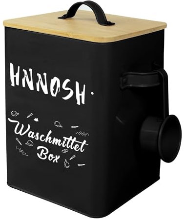 Waschpulver Aufbewahrungsbox 4,6 Kg - schwarz Waschpulver Box mit Holz Deckel & Waschmittel Dosierhilfe – Perfekte Aufbewahrung für Waschpulver, Pods, Wäscheklammern & mehr