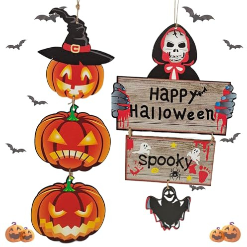 Halloween Appeso Segno, Halloween Benvenuto Plaque, Halloween Wooden Segno, 2 PCS Targhetta da Appendere in legno Fantasma ScheletroPorta, Cartello di Benvenuto da Appendere Alla Porta di Halloween