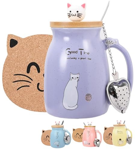 Thuro Katze Becher,Kaffeetasse mit deckel,Löffel,Teefilter und Untersetzer,Niedliche Morning Cup Kaffee-Milch Tee-Becher Weihnachten Geschenk für Katzenliebhaber Frauen