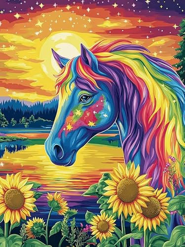 Bimkole 5D Diamond Painting Kits Zubehör Pferd, Sonnenblumentier Diamant Malerei Kit Voll Runde Bohrer Malen nach Zahlen Malerei Stickerei Kreuzstich Diamond Dekoration 30x40 cm