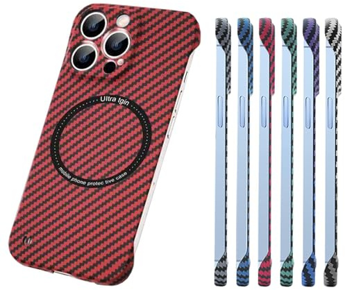 Bpoeee Carbon Fiber Texture Magnetic Case, Carbon Fiber Texture Frameless for Magnetic Charging Phone Case for iPhone 16/15/14/13/12/11 Pro Max Case (Red,15 Pro)