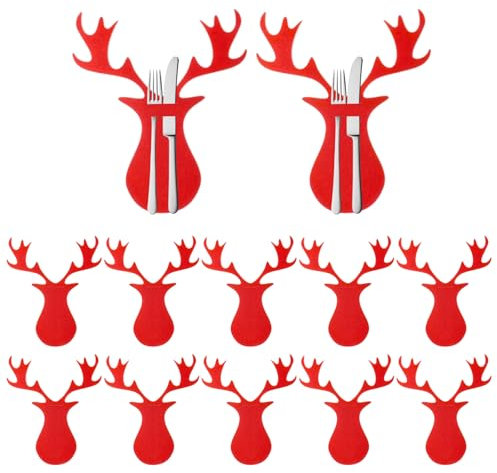 Dmnnlp 12 Stück Bestecktasche Weihnachten, Rot Geweih Weihnachten Besteckhalter Filz, Bestecktasche Besteckhalter Weihnachten Benutzt für Party Weihnachtsdeko Tisch
