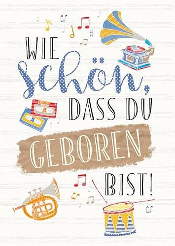Gutsch Verlag Geburtstagskarte mit Musikinstrumenten - Glückwunsch Postkarte, Feier Motiv Trompete, Schlagzeug, Grammophon & Noten, Folienprägung Design