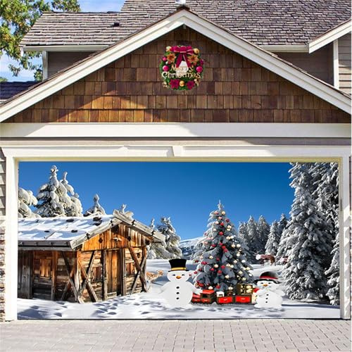Treer 2024 Garagentor Banner für Weihnachten, Groß Xmas Banner Abdeckung Dekorationen mit Seil für Weihnachten Urlaub Partyzubehör im Innen und Außenbereich (480 * 210cm,Schnee-Chalet)