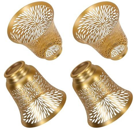 Ceiling Fan Replacement Globes, 4 Pack Chrysanthemum Pattern Fixture Replacement Globes Shades with 1-5/8 Fitter, ALUCSET 4.5 Height 4-3/4 Diameter, Metal Cover for Pendant Lamp-Yellow Brass&Gold