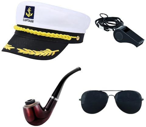 ZUCOS 4 Stück Yacht Kapitän Hut Kapitänsmütze Kostüm Set,Verstellbare Yacht Schiff Boot Marine Mütze Mit Sonnenbrille,Kapitän Prop,Handschuhe,Abzeichen für Partys Cosplay (White Captain, Medium)