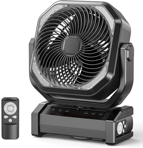 Amacool Camping Fan with Light, 20000mAh Rechargeable Battery Operated Fan, 112H Max Cooling Time, 8 Speeds, Digital Display, Remote Control, 270°Pivot with Hook for Tent Car RV Power Outage (Black)