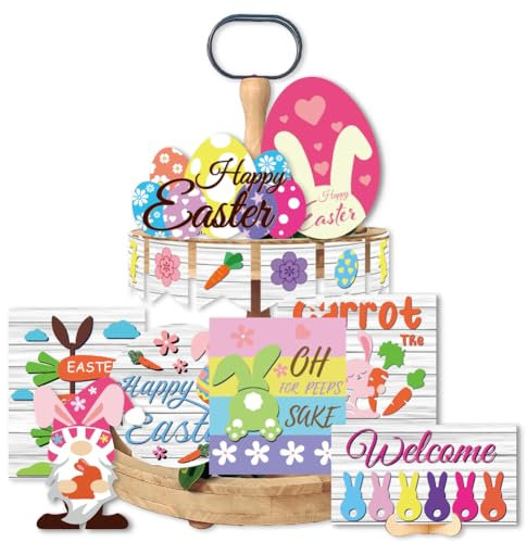 AHANDMAKER 14 Pieces Easter Tiered Tray Decor Farmhouse Spring Tabletop Signs Decorative Trays Mini Bunny Rabbits Eggs Signs Table Top Decor for Easter Home Farmhouse Rustic Kitchen Decorations