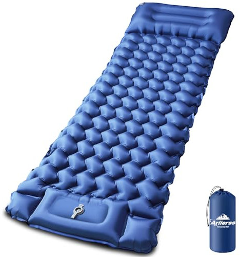 Arlierss Isomatte Selbstaufblasend,Ultraleichte Aufblasbare Luftmatratze,Camping Matratze mit Fußpresse Pumpe, Anti-Ripstop Tragbar Schlafmatte Outdoor mit Kissen für Wandern,Strand,Reise-Blau