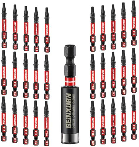 GEINXURN Lot de 31 Embouts de Tournevis Torx T10 50 mm de Longueur Embouts de Vissage Magnétiques Acier Allié S2 Tige 1/4 Hexagonale Étoile Torx Embout pour Visseuse avec Porte Embout de 60 mm