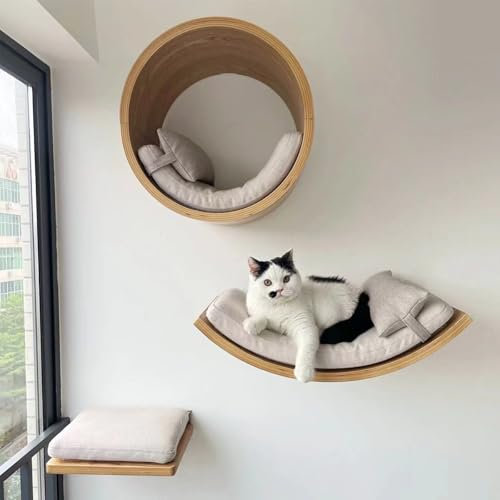 YLLSMGS Round Cat Wall Shelves, 3 Pcs Wall Mounted Cat Tree, Large Perch Furniture with Cushion for Kitten Climbing Sleeping