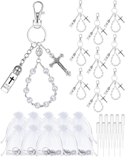 Blushtier 10 Set Holy Water Keychain Gift with Rosary Bead, Crucifix, Bags, Eyedropper, for Christian Party Favor, Silver, 18.9 x 6.69 inches/ 48 x 17 cm