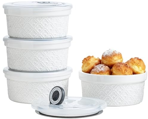 MISSYSSIM Ramekins 12 oz with Lids Oven Safe, Creme Brulee Ramekins with Covers, Ceramic Small Baking Dishes Set of 4, Souffle Dishes Bowls - Microwave and Dishwasher Safe, White Cloud