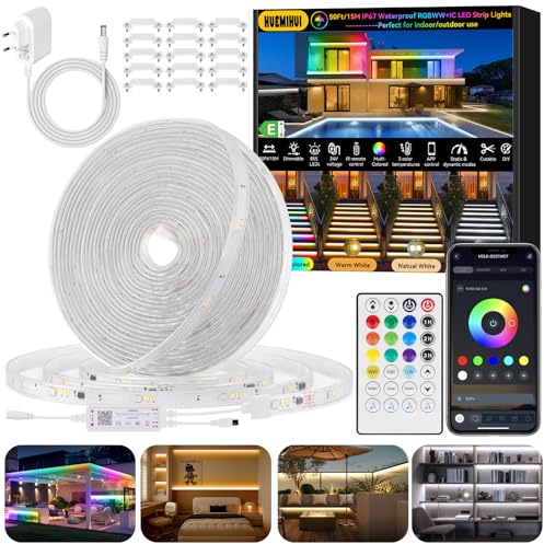 15M Outdoor RGBWW+IC LED Streifen, IP67 Wasserdicht Dimmbar Dreamcolor+3000K-6500K Warmweiß Naturweiß Kaltweiß LED Strip mit Fernbedienung & APP, 24V Musik Sync LED Lichtband für Courtyard Garden Dach