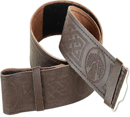 Schottischer Keltischer Leder-Kilt-Gürtel, braun, geprägtes Freimaurer-, Distel- und Löwen-Design, braun, XL (43–48)