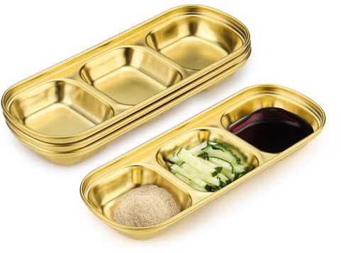 Modixun Stainless Steel Soy Sauce Dish, 3 Grids Metal Dipping Bowls, Small Sauce Cups for Side Dishes Appetizer Dip Ingredient Prep Charcuterie, Gold Condiment Tray, 4 Pack