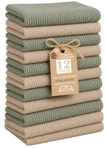 Dolshe 12 Pack Coffee & Sage Green 100% Cotton Ribbed Face Cloths 30 x 30 cm 420 GSM – Soft RingSpun Double-Sided Wash Cloths for Sensitive Skin, Quick Dry & Highly Absorbent