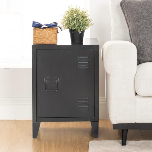 FurnitureR Console d'Entrée Métal Noir Industrielle, Meuble de Rangement avec Porte et Étagère, Petit Cabinet de Salon Moderne à 2 Niveaux, Design Moderne, 30 x 40 x 57cm