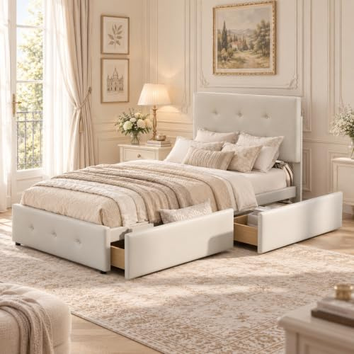 ZSSWSS Polsterbett Einzelbett 90x200 cm, Stauraumbett mit Kopfteil und 2 Schubladen, Bettgestell aus Samtstoff mit Lattenrost, Jugendbett Funktionsbett, Ohne Matratze, Beige