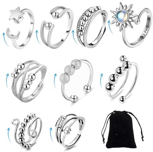 Modurio 9 Stück Silber Angst Spinner Ringe für Damen, Antistress Silber Anxiety Ring Offener Ringe, Fidget Spinner Ringe, Ring Verstellbarer Stimmungsring Geschenke, Angst Ringes für Frauen Männer