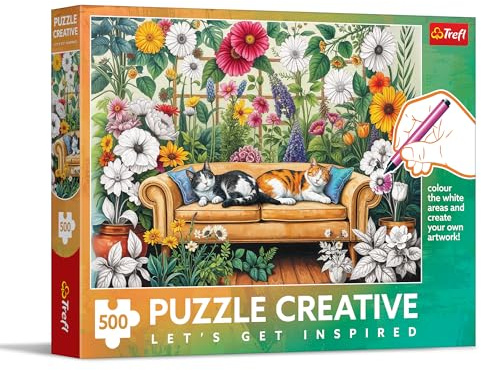 Trefl - Puzzle 500 Teile, Creative, Die Katzen-Orangerie, zum Ausmalen