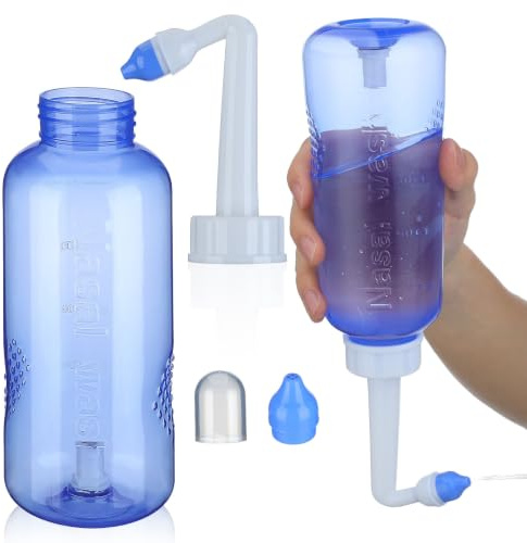 HOOTNEE Bouteille Lavage Nasal 500 Ml Embouts pour Adultes et Garçon et Filles, Flacon de Rinçage Sinus Valve Automatique, Nettoyage Nasal Sérum Physiologique et Eau de Mer, Soin
