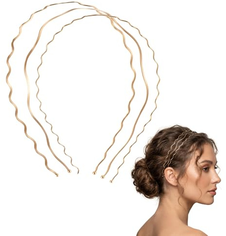 3 Pcs Gold Headband, Metal Wavy Headbands for Women Girls Bridal Elastic Hair Styling Accessories for Wedding Birthday Party Prom