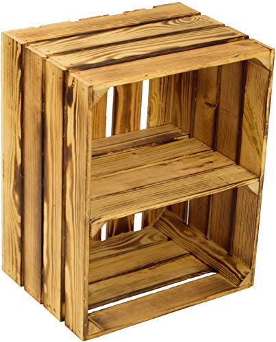 flambierte/geflammte Bücherregal - Schuhregalkiste mit Zwischenbrett/Mittelbrett Einlage ca 50x40x30cm / Apfelkisten Weinkisten Holzkisten aus dem Alten Land (GEFLAMMT MIT Einlage QUER)