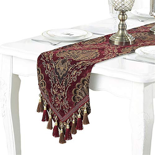 Bettery Home Stickerei Luxus Tischl?Ufer Jacquard Stoff Tischl?Ufer mit Mehreren Quasten f¨¹r Esszimmer Kommode Hochzeitsfeier Dekorationen, 33x250cm, Rot