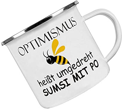 Crealuxe Emaille Tasse Optimismus heißt umgedreht Sumsi mit Po - Kaffeetasse mit Motiv, Campingtasse, bedruckte Emailletasse mit Wunschtext