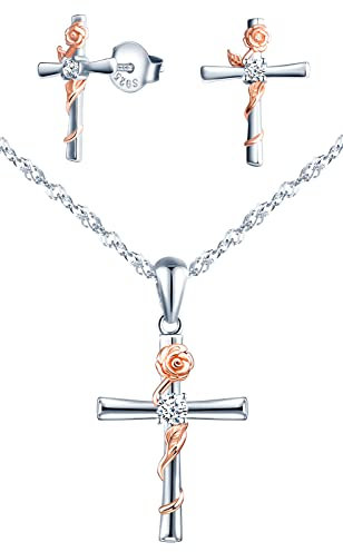 Yumilok Damen Schmuckset Halskette Kette Ohrringe Set Zirkonia Kreuz Rose Halskette mit Ohrringe für Sie Geburtstags Valentinstag Muttertag