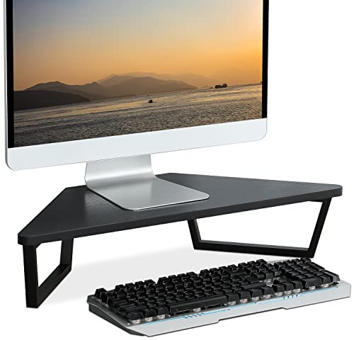 TEAMIX Triangle Monitor Stand Riser-26 inch, Desktop Corner Shelf with Metal Leg Wood Computer Stand with Storage Laptop Riser Office Organization