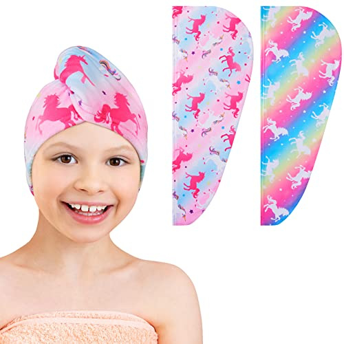 WAWSAM Mikrofaser Haarturban für Mädchen 2 Stück Schnelltrocknendes Haartrockentuch mit Knopf Weiches Haare Handtuch Turban für Lange & Kurze Haare