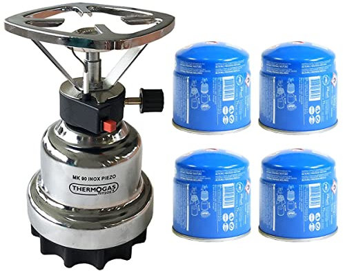 PROWELTEK - Rechaud gaz piezo Coque inox portable camping + 4 cartouches de gaz 190gr