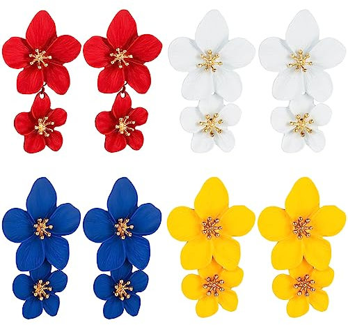 Weenkeey 4 Paar Doppelt Blumen Ohrringes Blumen Baumelnde Tropfen Ohrringe Boho Blumen Ohrring für Frauen Mädchen - Weiß Gelb Rot Blau