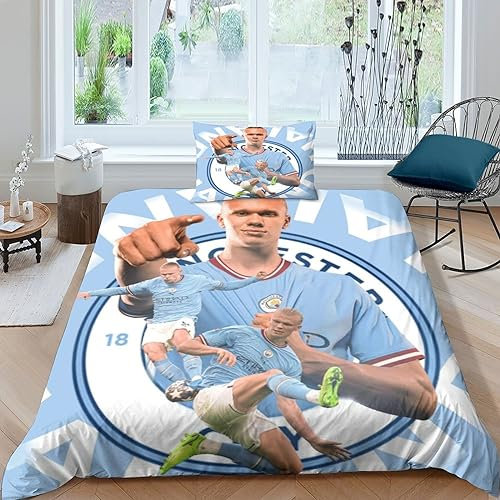 Erling Haaland 3D Gedruckter Bettbezug Reversible Gedruckte Football Star Bettwäsche Steppbezug Für Bettwäsche, Weiche Mikrofaser Mit Reißverschluss Mit Kissenbezügen Für Kinder Single(135x200cm)