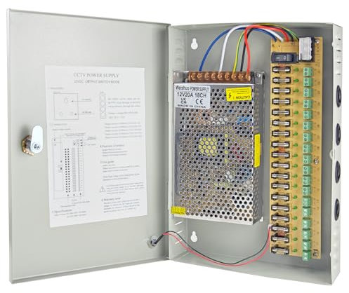 Weishuo 12V Power Supply Box for CCTV Camera 18 Channels Output AC 110V/220V to DC 12V 20A 240W CCTV PSU Power Distribution Box
