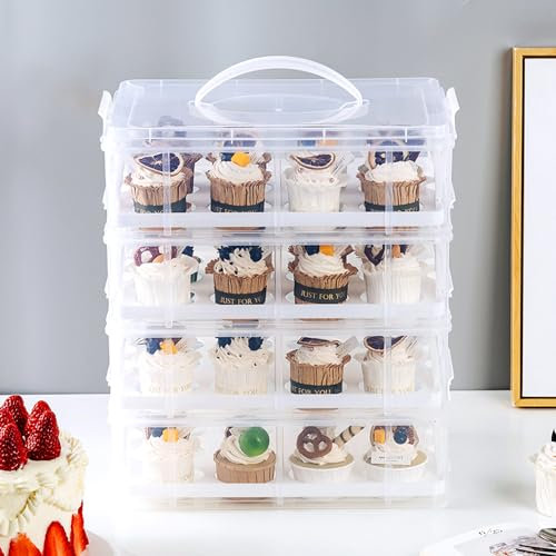 HomDSim Cupcake-Träger, stapelbar, zusammenklappbar, Kuchenträger mit Deckel und Griff, mit 50 Stück Cupcake-Einlagen, wiederverwendbarer Kunststoff-Dessert-Reisebehälter, Transportbox
