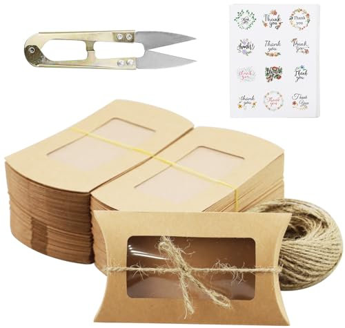 50pcs Geschenkschachteln Kissenschachteln 14,5 x 7,5 cm Kissenschachtel Kraftpapier Geschenkbox Geschenkschachtel Schachteln Klein mit Danke Aufkleber Juteschnur für DIY Einladung Geschenk Party Fest