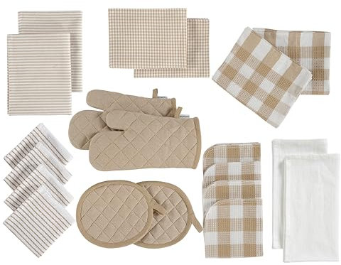 LANE LINEN 20 Piece Kitchen dish cloths Set - Dish Towels, Heat Resistant Kitchen Mittens And Pot Holder Set, Reusable Dish Rags For Washing Dishes, Absorbent Dish Towels For Kitchen Drying - Beige