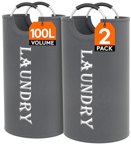 Lifewit 2 Set Faltbarer Wäschekorb 100L, Tragbarer Wäschesammler mit Aluminiumgriff Oxford Stoff Wäschesack Aufbewahrung für Kleidung/Badetuch/Bettbezug Schlafzimmer Badezimmer Waschraum, Grau