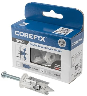 Corefix Spike Lot de 4 fixations robustes pour plaques de plâtre, kit de bricolage avec vis M5 x 40 mm, facile à installer sans perçage, ancrage mural pour cloison sèche, alternative à tous les types