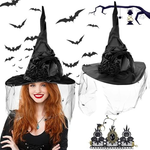 Fosoloni Hexenhut Damen,Witch Hat und Gotisch Armbänder,Hexenhut Haarreif mit Spinne,Retro Spitze Vampir Armband,2 Stück Hängende Hexenhut Dekoration,für Halloween, Karneval,Cosplay und Maskerade