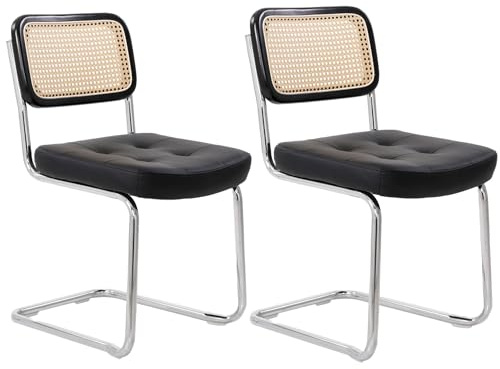 SEHAUSEU Rattan Esszimmerstuhl Freischwinger Stühle (Set, 2 Stück) Polsterstuhl Küchenstuhl Wohnzimmerstuhl mit Rückenlehne, Belastbarkeit 130 Kg (Schwarz)
